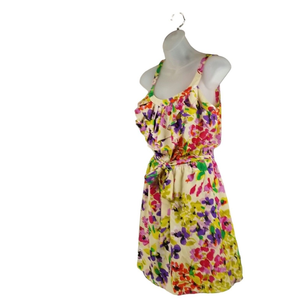 Express Dress Floral Knee Length Belted Sundress Womens Sz M  Ruffle Bib Pockets - Picture 3 of 16